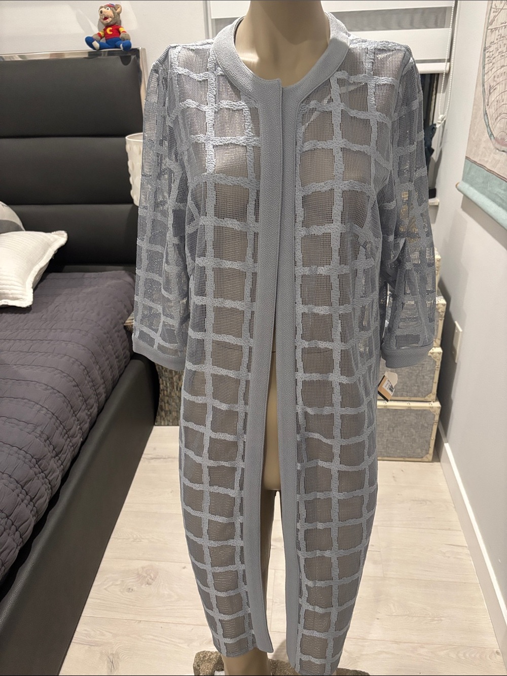 Light Gray Open-Front Grid Knit Cape Coat